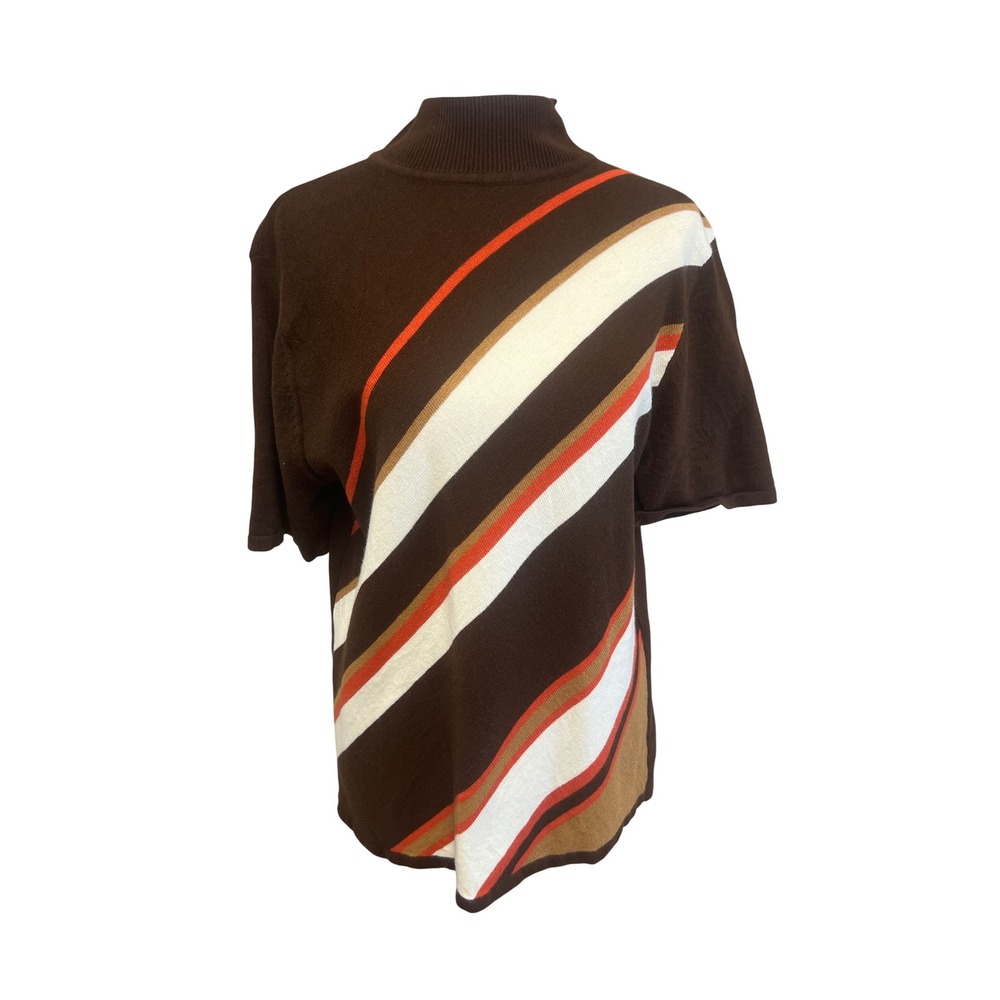Sag Harbor Sweater Womens Sz M Mock Neck Short Sleeve Brown Stripe Retro